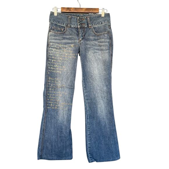 Express Jeans Juniors Size 1/2 Bootcut Beaded Script Embellished Double Button - Picture 1 of 13